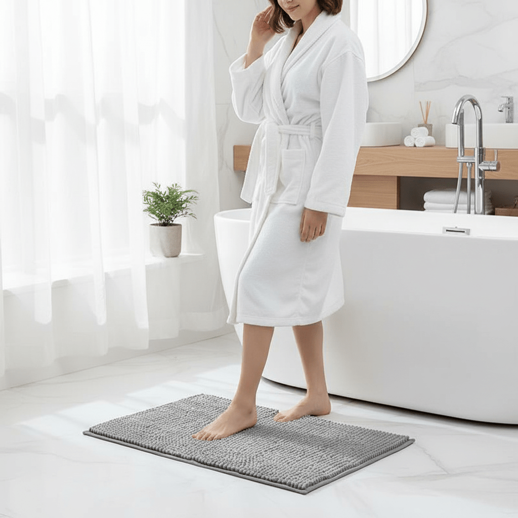 Pohodlná šenilová koupelnová předložka CozyFlow — absorpční povrch, protiskluzová spodní strana