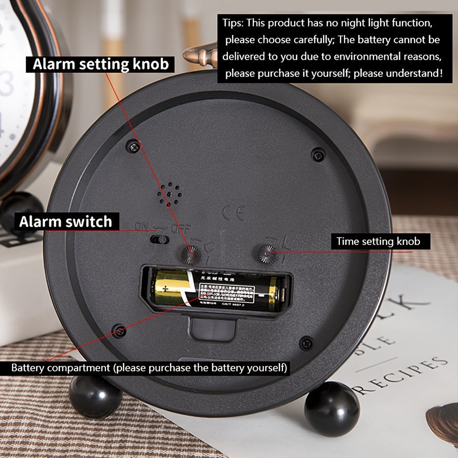 European Vintage Metal Bedside Alarm Clock Silent Analog Large Display - Euroselle