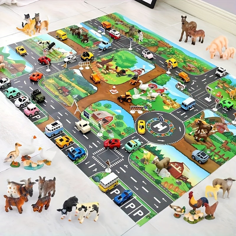 Alfombra de juego infantil con caminos de granja, 39 × 51 pulgadas, alfombrilla tejida antideslizante para juegos de simulación con vehículos de niños pequeños y decoración de habitación infantil