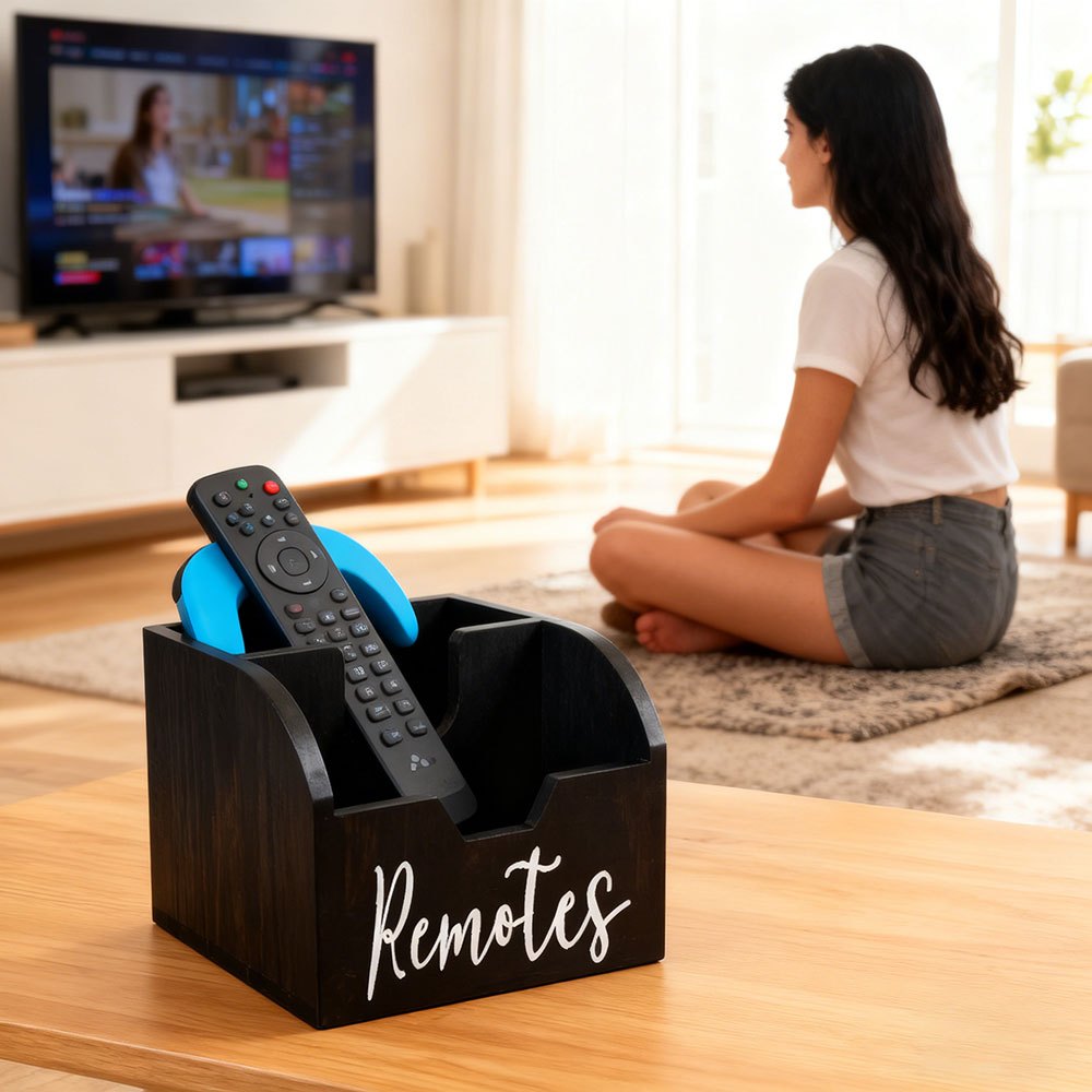 4-Compartment Wooden Remote Organizer Box | No Electricity Needed - Euroselle