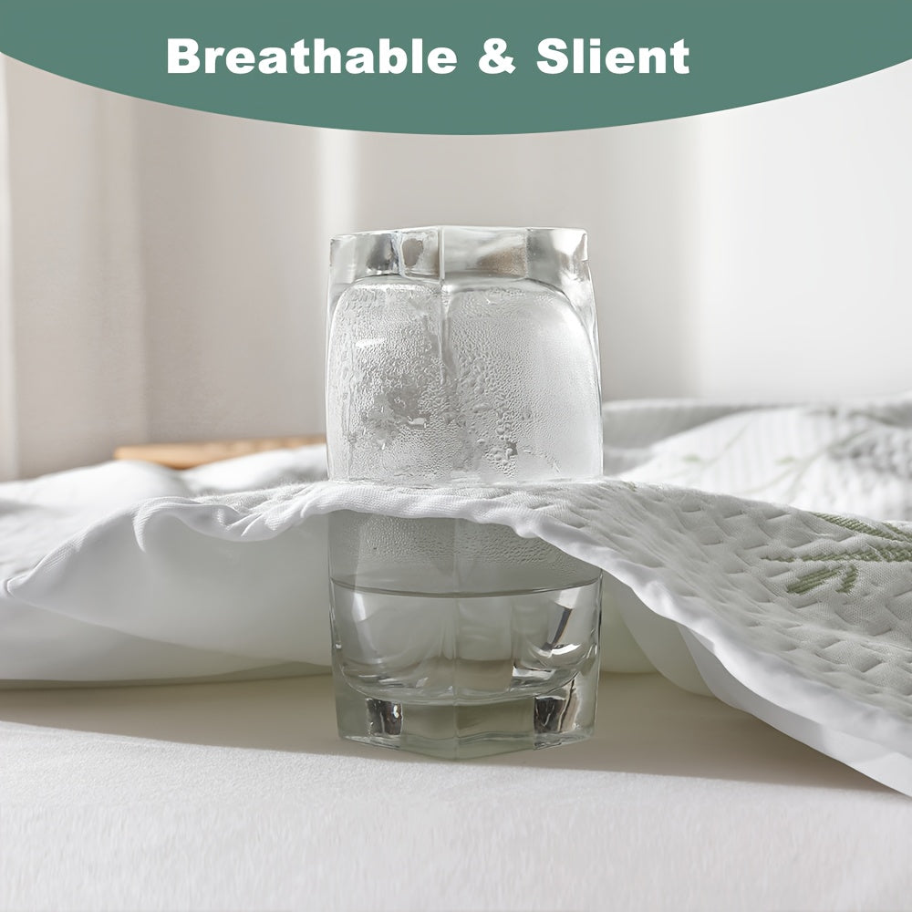 Cobrecolchão de fibra de bambu com bolsos profundos para um ajuste perfeito, camada de malha jersey ventilada para controlo da temperatura, disponível nos tamanhos Twin, Full, Queen e King, para dormir confortavelmente durante todo o ano
