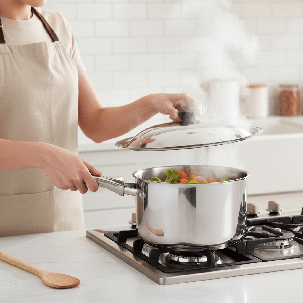 NovaCover Universal Stainless Steel Lid — lämmönkestävä tartuntakahva, sopii erikokoisiin wok-pannuihin ja paistinpannuihin