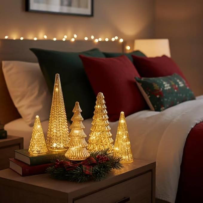 LED křišťálové vánoční stromky, sada 5 kusů — Časovač, napájení bateriemi