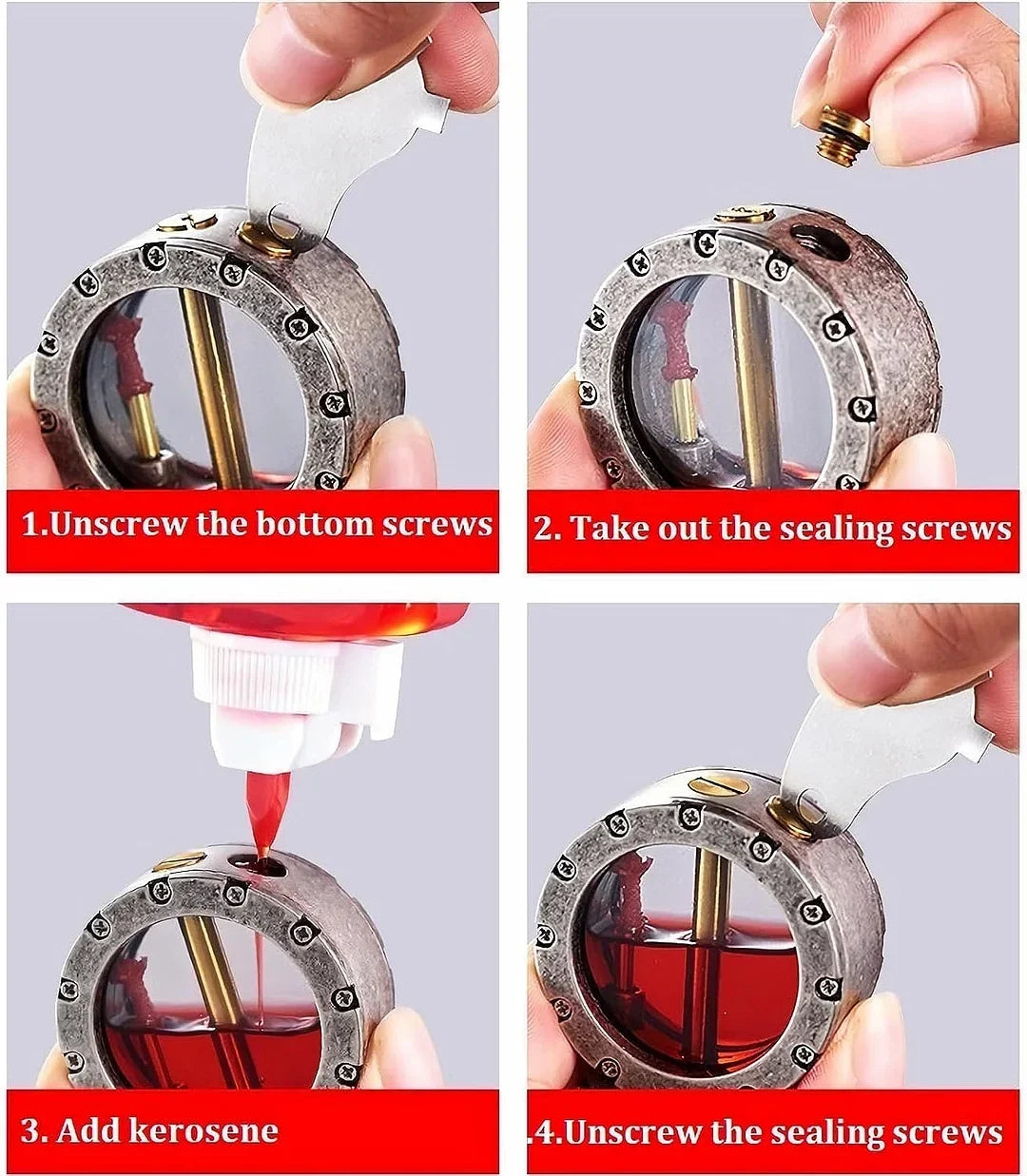 Briquet à liquide rechargeable — Corps métallique, couvercle rabattable, fenêtre transparente