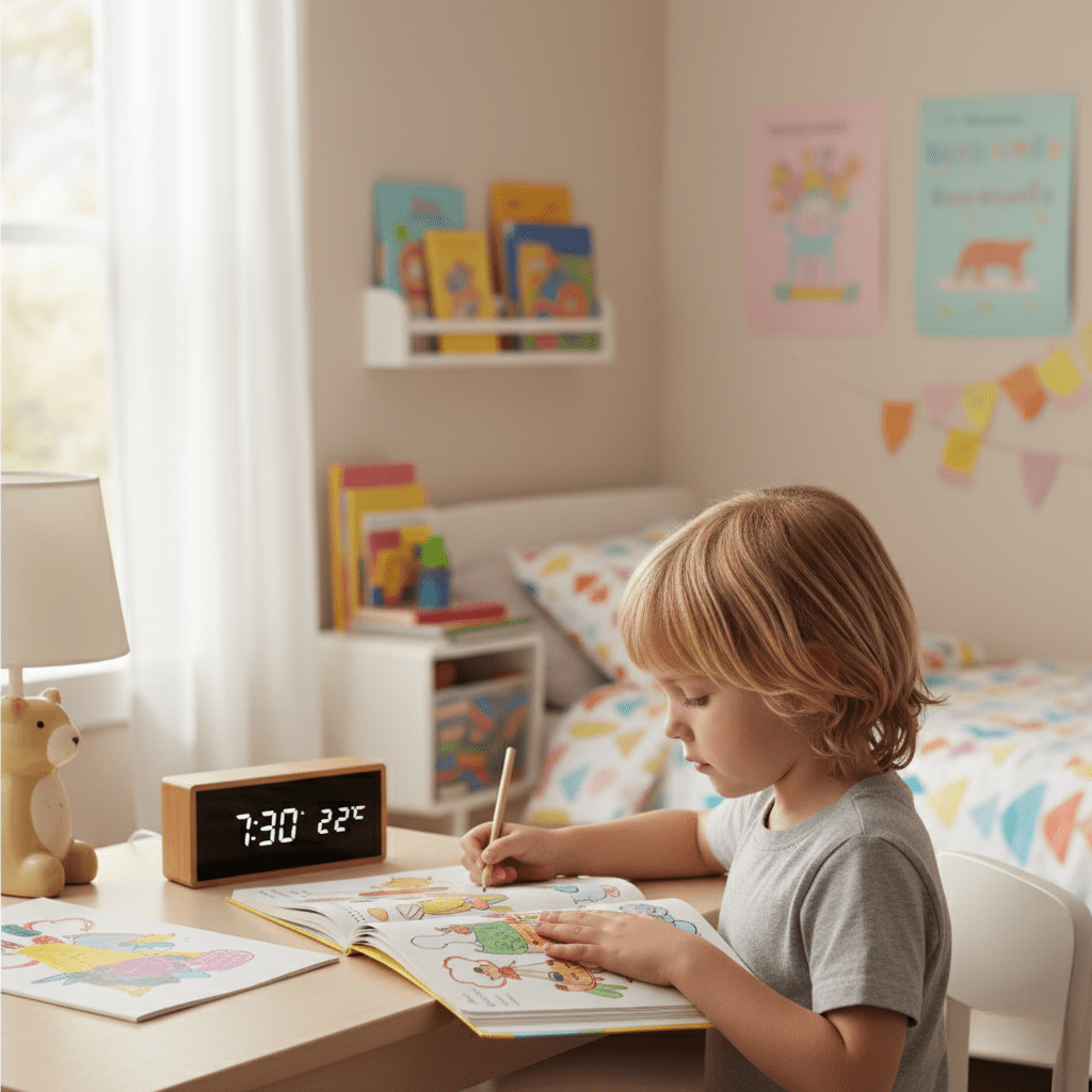 LumaWood minimalistisk bambusvekkerklokke – lyssterk LED-visning av tid og temperatur