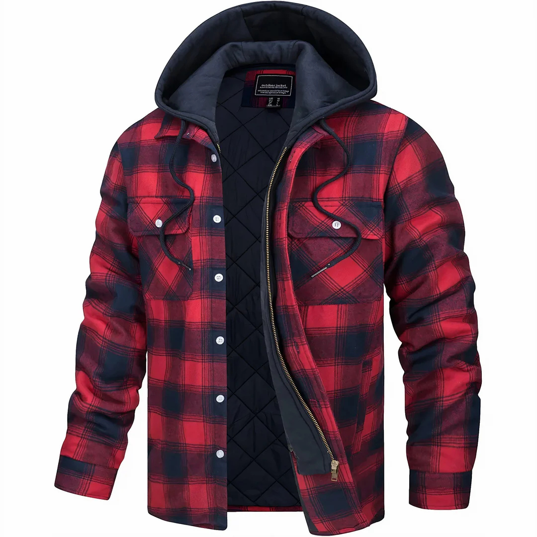 Men's Quilted Plaid Flannel Shirt Jacket — Removable Hood, Button-Zip