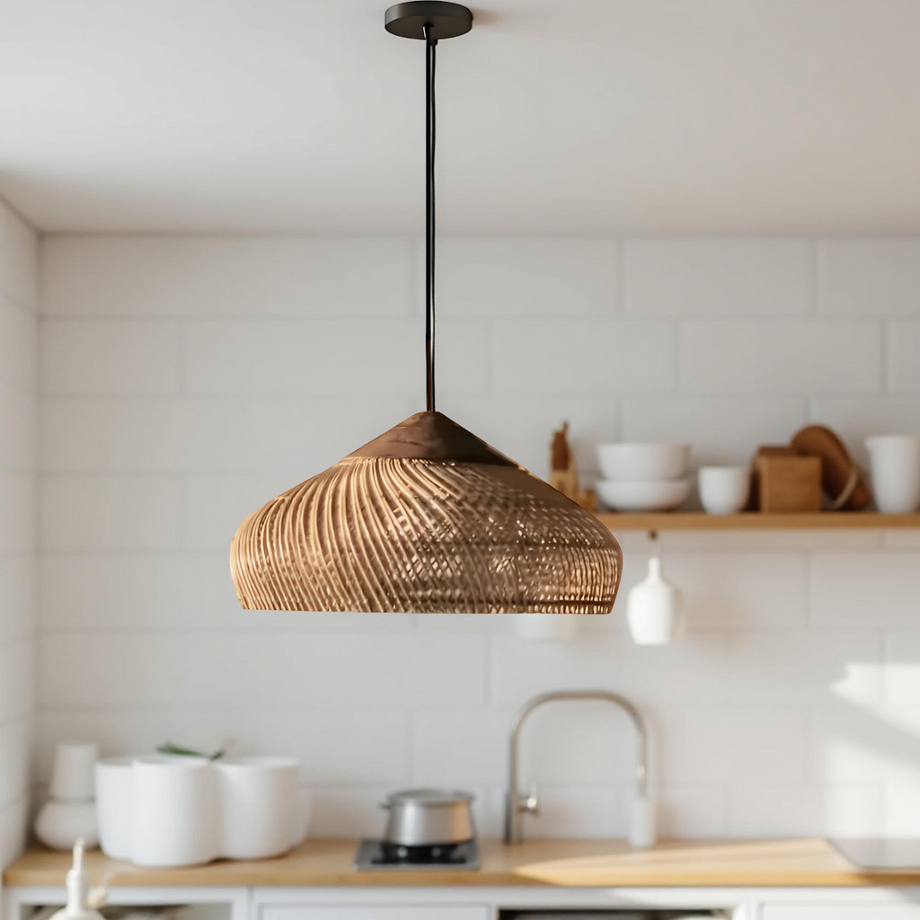 Gewebte Bambus-Hängelampe, 24 Inch, natürlicher Schirm, verstellbares Kabel, E26-Fassung, Boho-Deckenleuchte im Landhausstil für Esszimmer, Kücheninsel Li