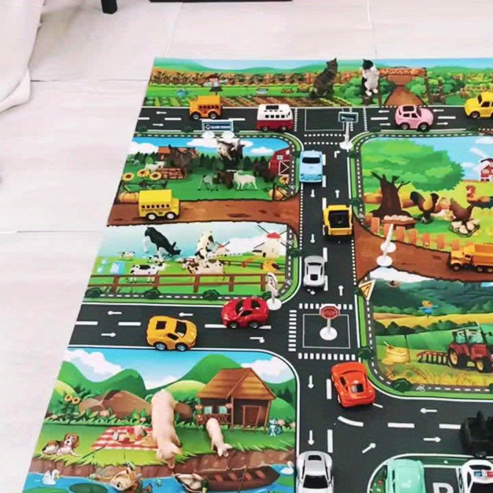Alfombra de juego infantil con caminos de granja, 39 × 51 pulgadas, alfombrilla tejida antideslizante para juegos de simulación con vehículos de niños pequeños y decoración de habitación infantil