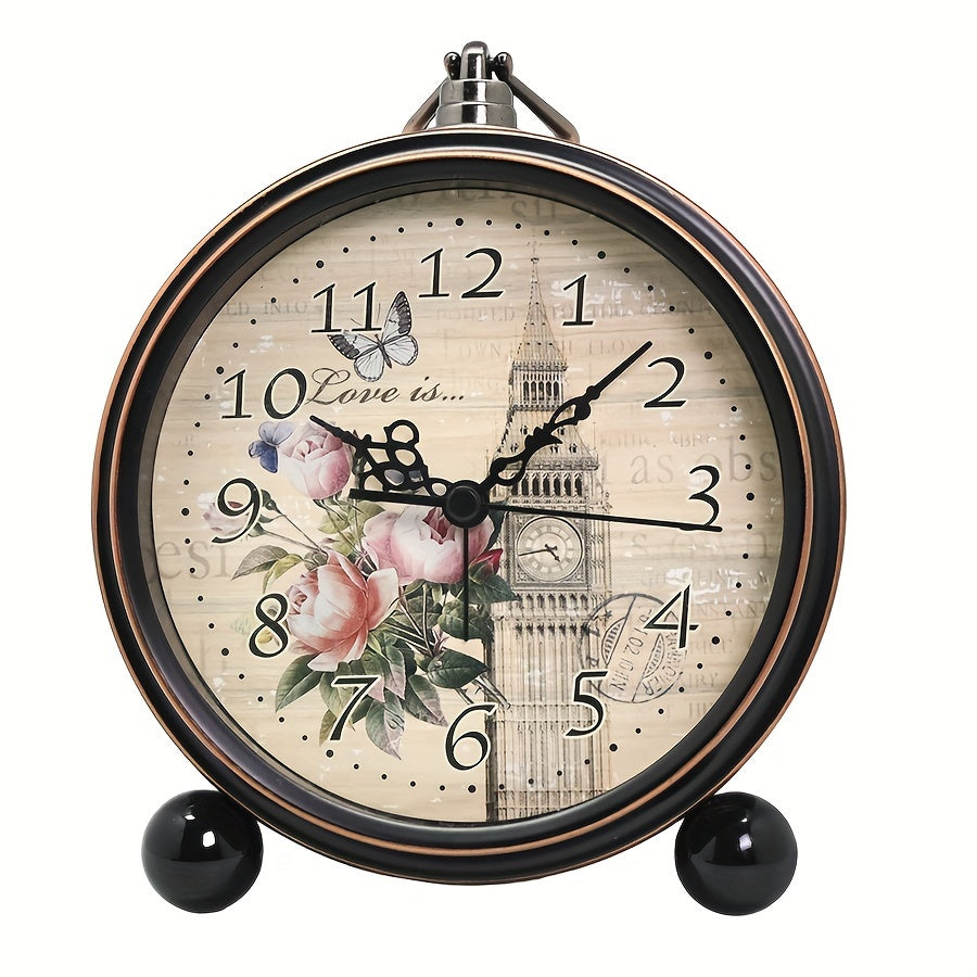 European Vintage Metal Bedside Alarm Clock Silent Analog Large Display - Euroselle