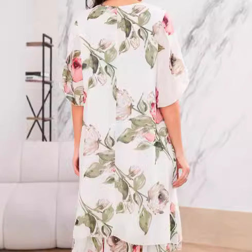 Robe imprimée en chiffon premium à col rond loose pour femmes