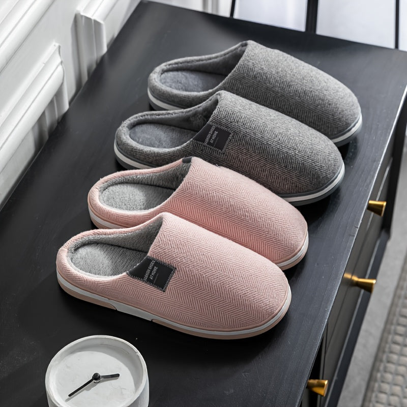 Men's Plush Herringbone Slippers — Warm Non-Slip House Shoes