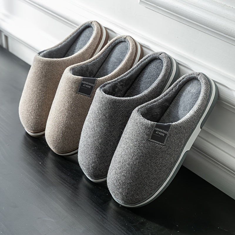 Men's Plush Herringbone Slippers — Warm Non-Slip House Shoes