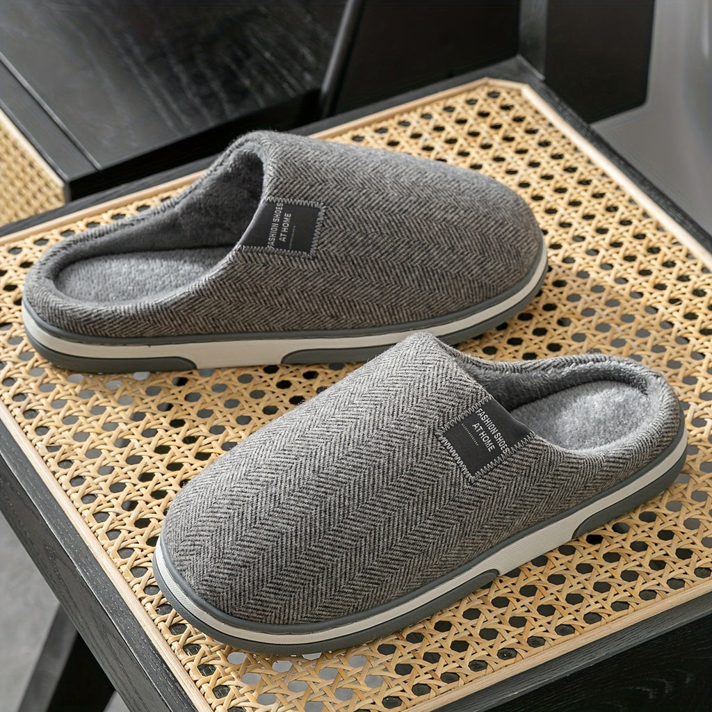 Men's Plush Herringbone Slippers — Warm Non-Slip House Shoes