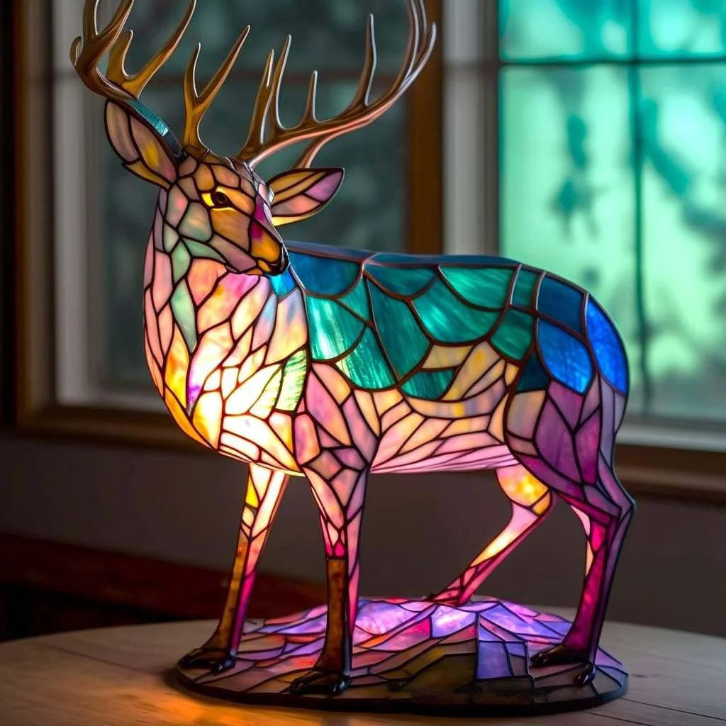 Stolní lampa se zvířecím motivem z barevného skla a LED světlem měnícím barvy – ručně vyráběný kovový a skleněný doplněk do ložnice, obývacího pokoje a dětského pokoje | Thomler