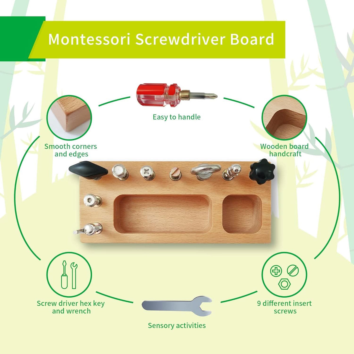 BrightTrail Montessoriinspirerad aktivitetsbräda med riktiga verktyg: skiftnyckel, skruvmejsel och låsset