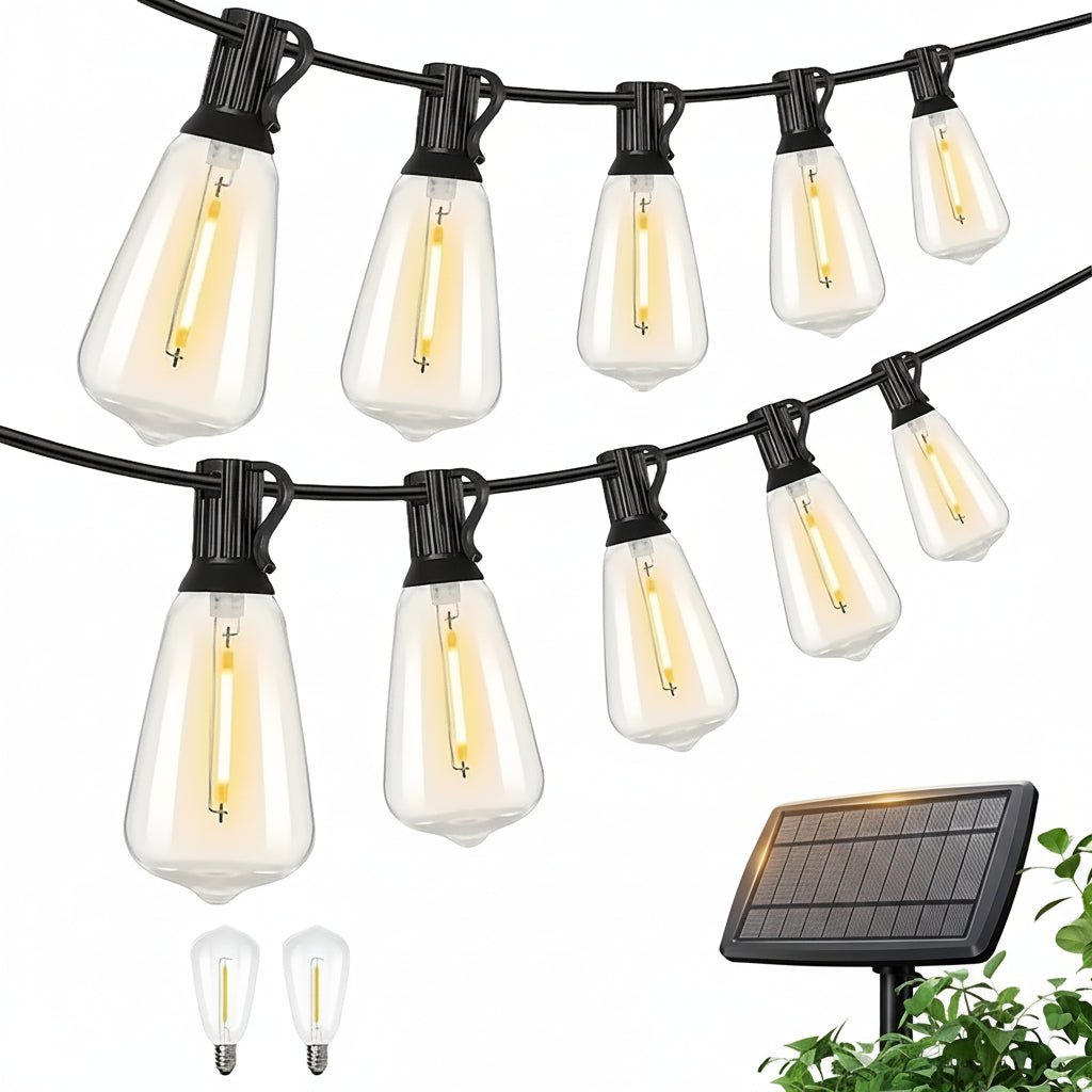 100FT Solar String Lights Outdoor Commercial Grade LED with Dimmable Yellow ST38 Bulbs - Euroselle