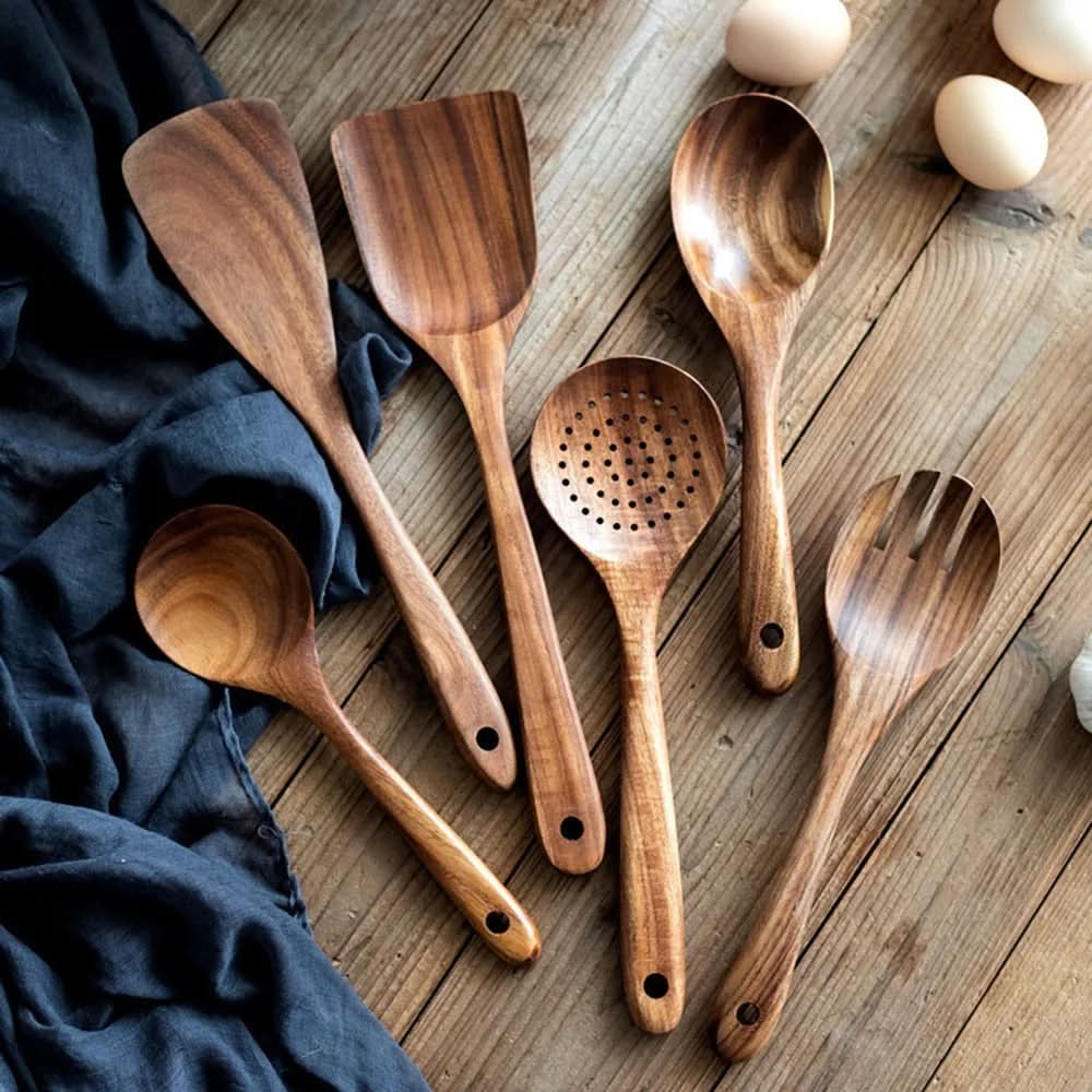 10-Piece Natural Teak Kitchen Utensil Set — Non-Scratch Design