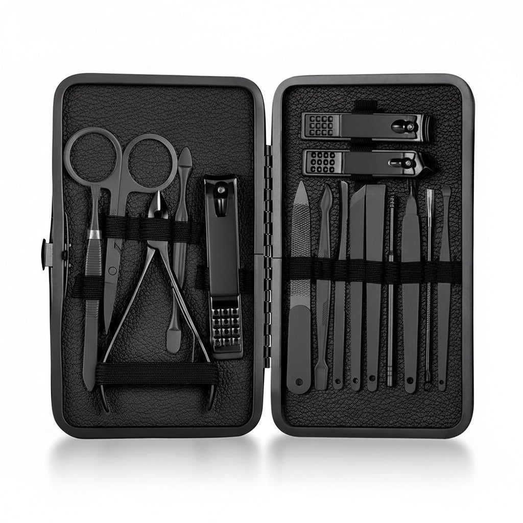 15-teiliges klassisches schwarzes Nagelpflege-Set für Hände, Füße & Gesicht, Werkzeuge aus Edelstahl - Euroselle