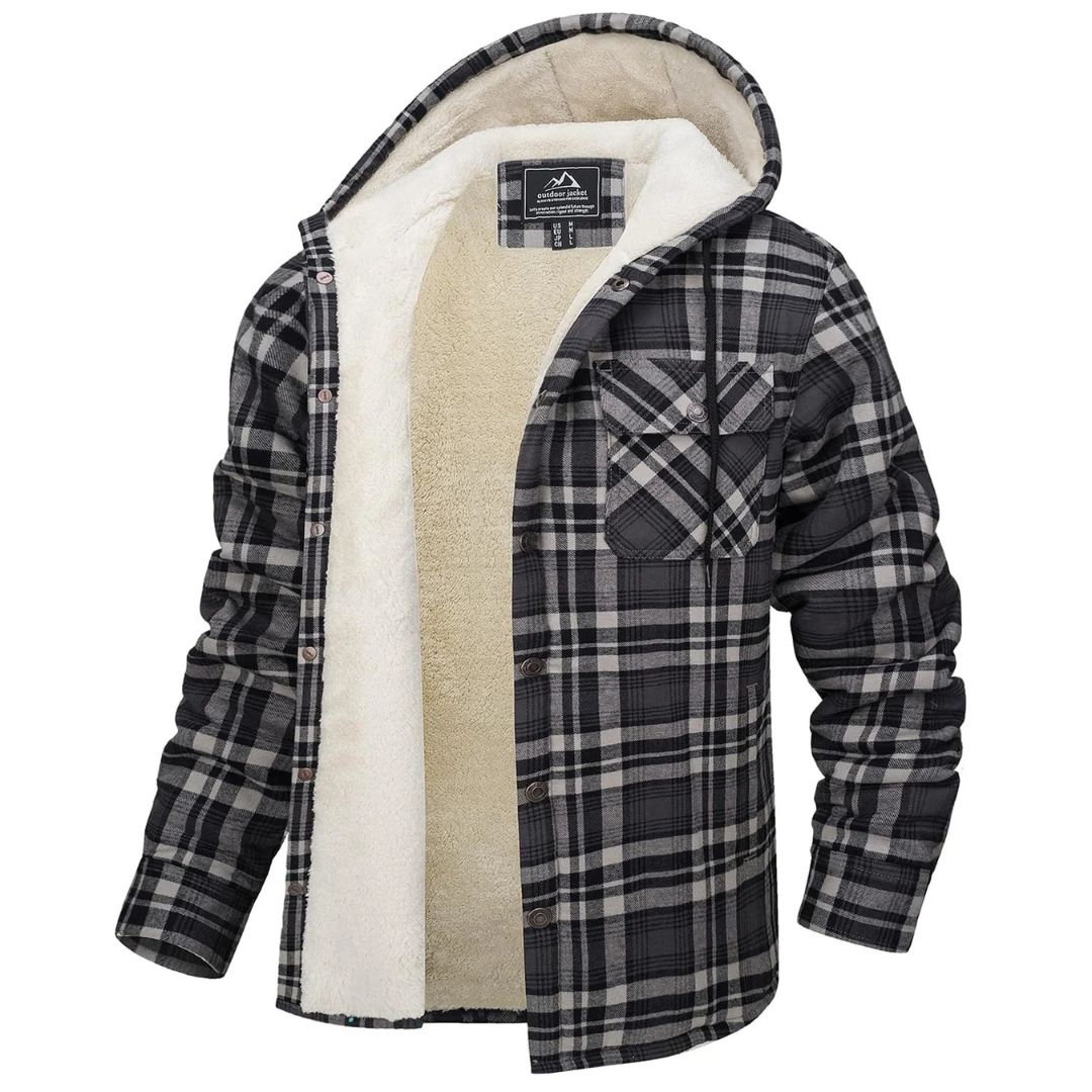 Men’s Hooded Flannel Shacket — Quilted Thermal Lining, Button-Up