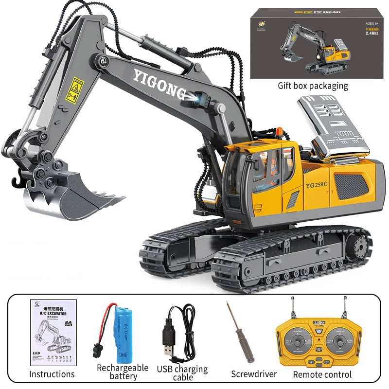 Jucărie excavator telecomandat 1:20 — hidraulică cu 18 canale, metalică, reîncărcabilă
