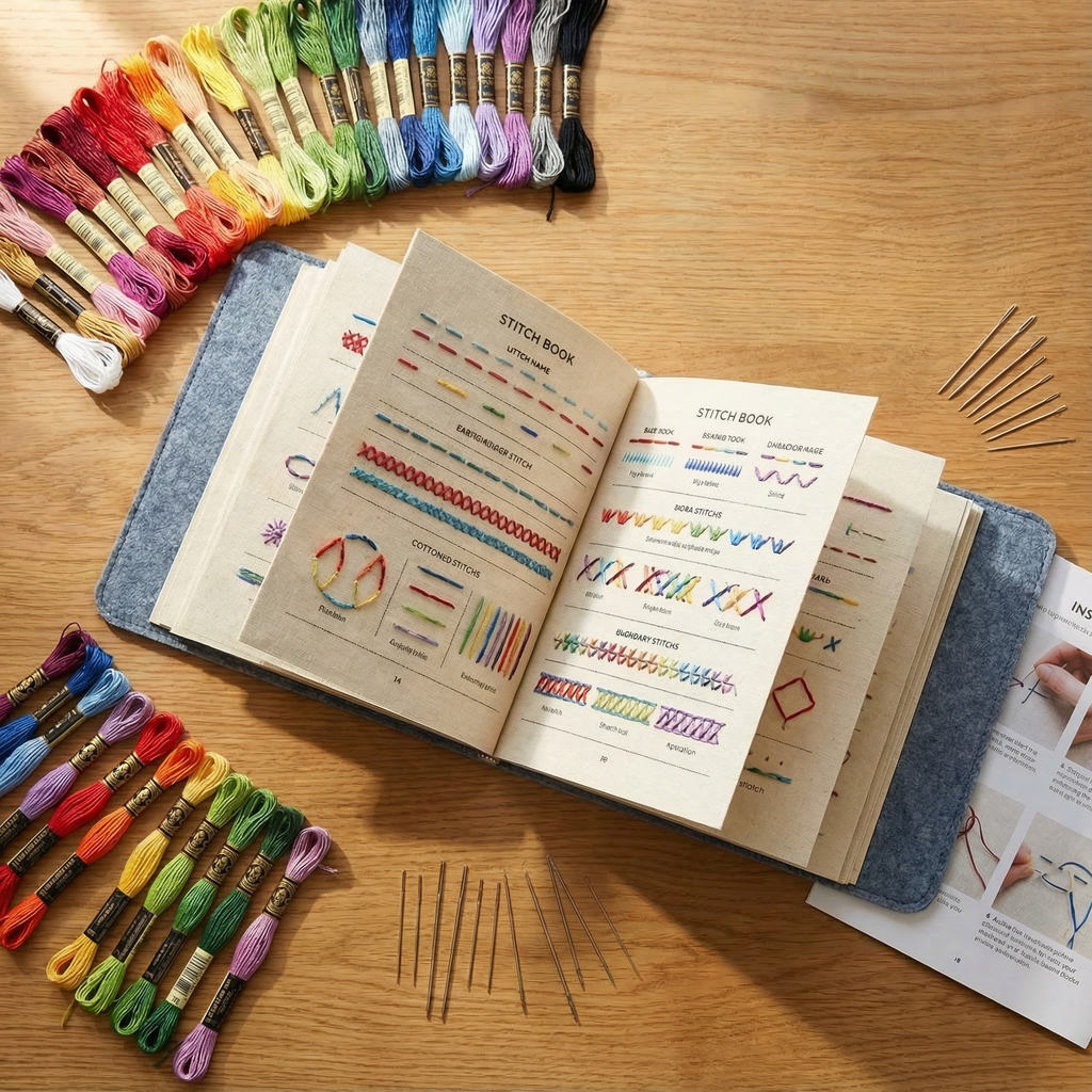 Set de broderie — pagini detașabile din in, 106 tehnici, set de 86 de piese
