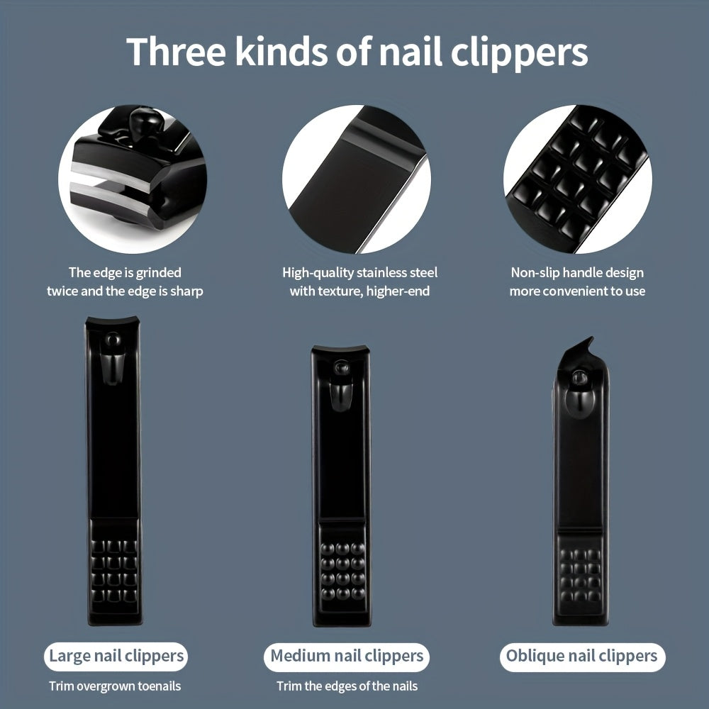 15-teiliges klassisches schwarzes Nagelpflege-Set für Hände, Füße & Gesicht, Werkzeuge aus Edelstahl - Euroselle