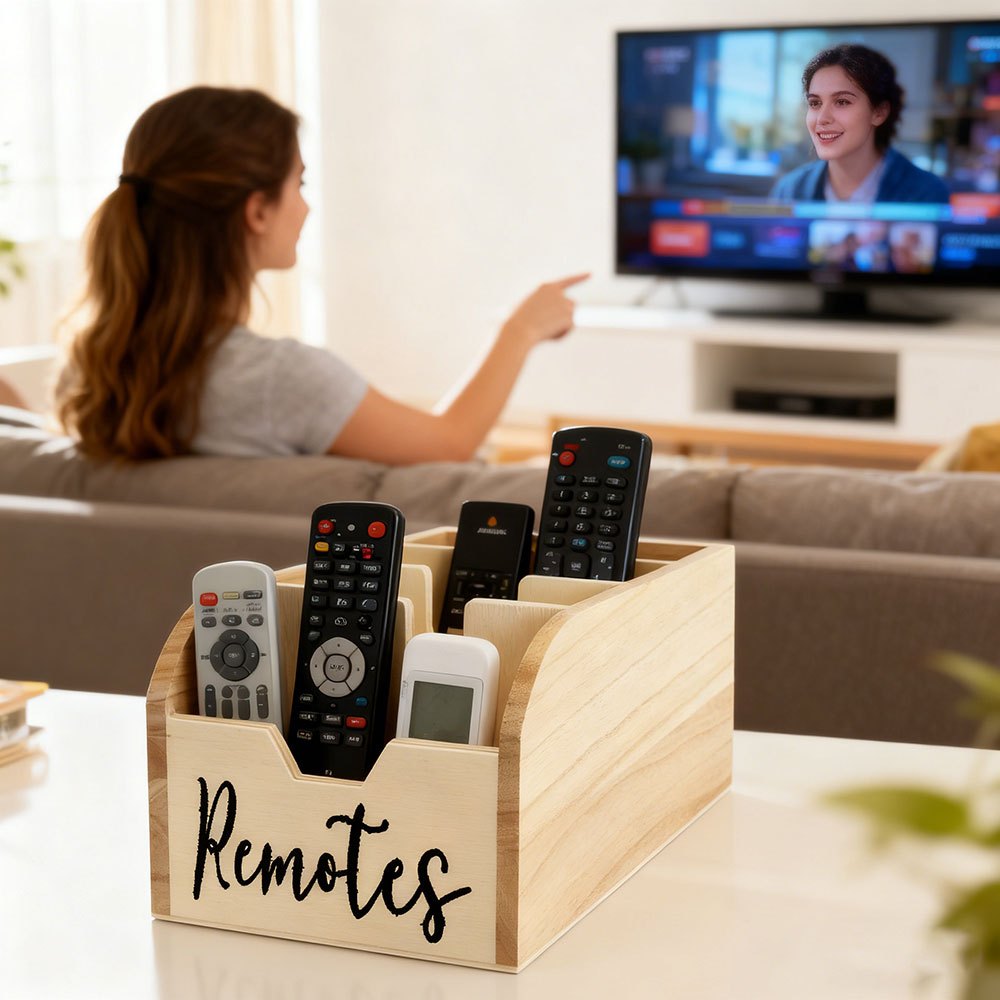 4-Compartment Wooden Remote Organizer Box | No Electricity Needed - Euroselle