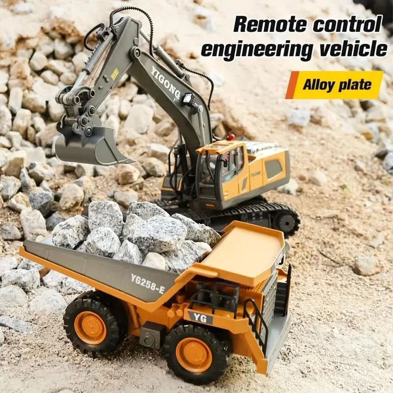 Excavadora RoboBuild con control remoto — 11 funciones, vehículo de construcción realista