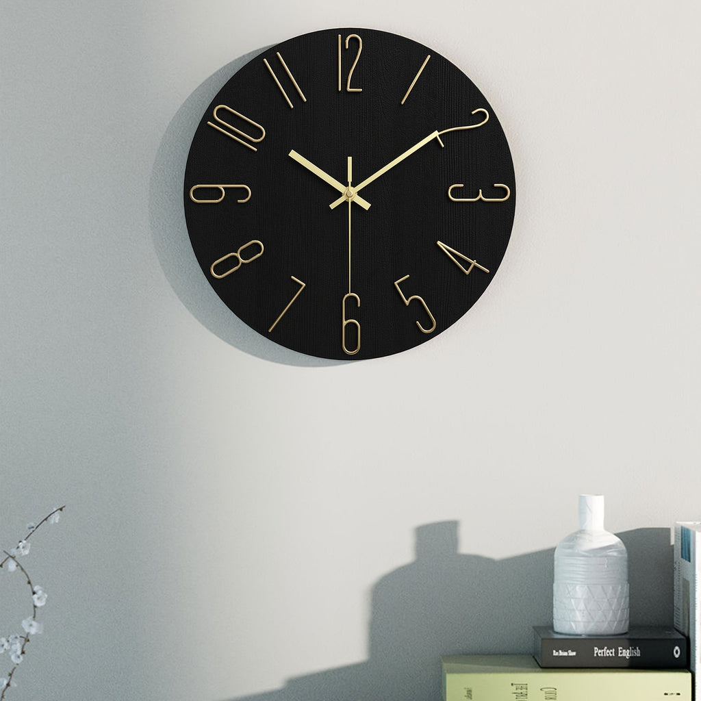 Modern Minimalist Round Wall Clock Rimless Design Black & Gold - Euroselle