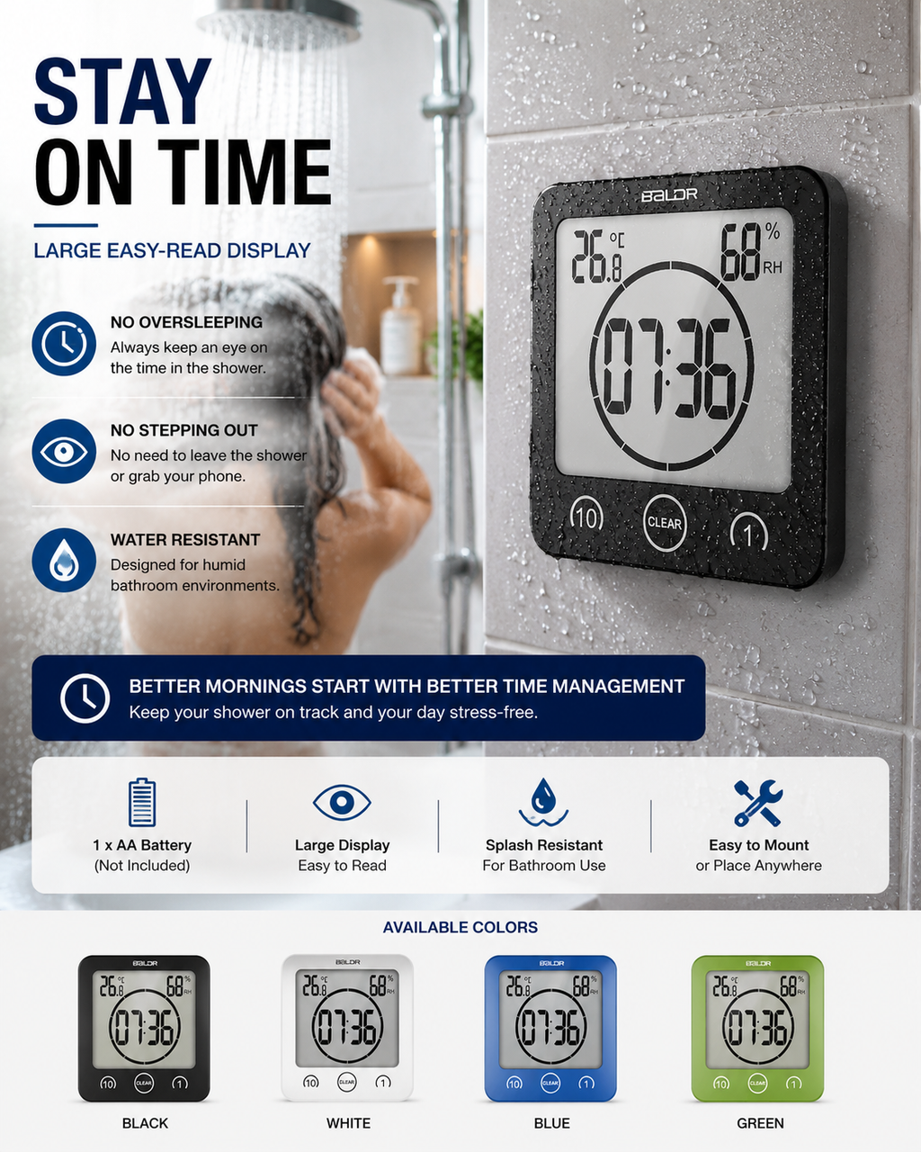 Reloj de ducha impermeable — temporizador de baño con pantalla grande
