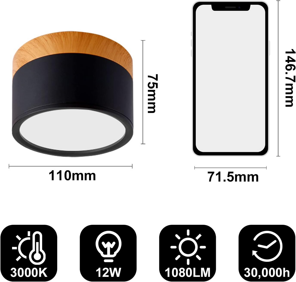 Okrągła przylegająca do sufitu oprawa LED, drewniane detale, aluminium, 5 W lub 7 W, do przedpokoju, sypialni, kuchni i korytarza, nowoczesna, minimalistyczna lampa sufitowa w stylu skandynawskim