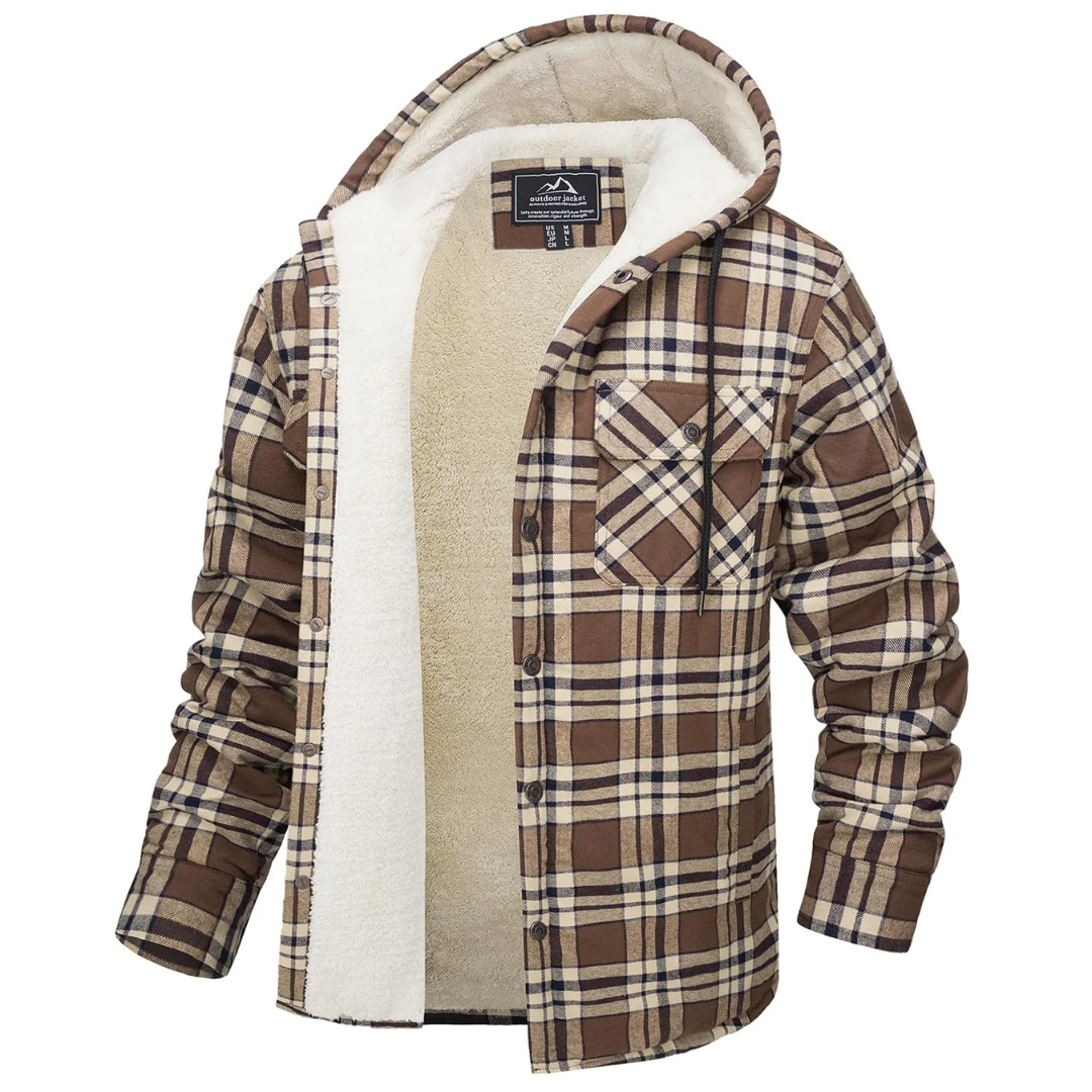 Men’s Hooded Flannel Shacket — Quilted Thermal Lining, Button-Up