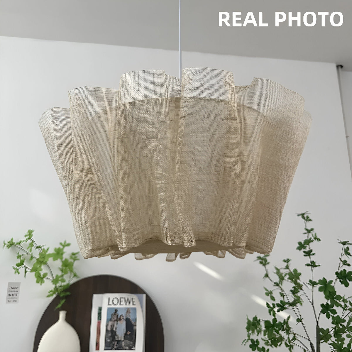 16 in Warm Cream Pleated Fabric Shade Hanging Ceiling Lamp