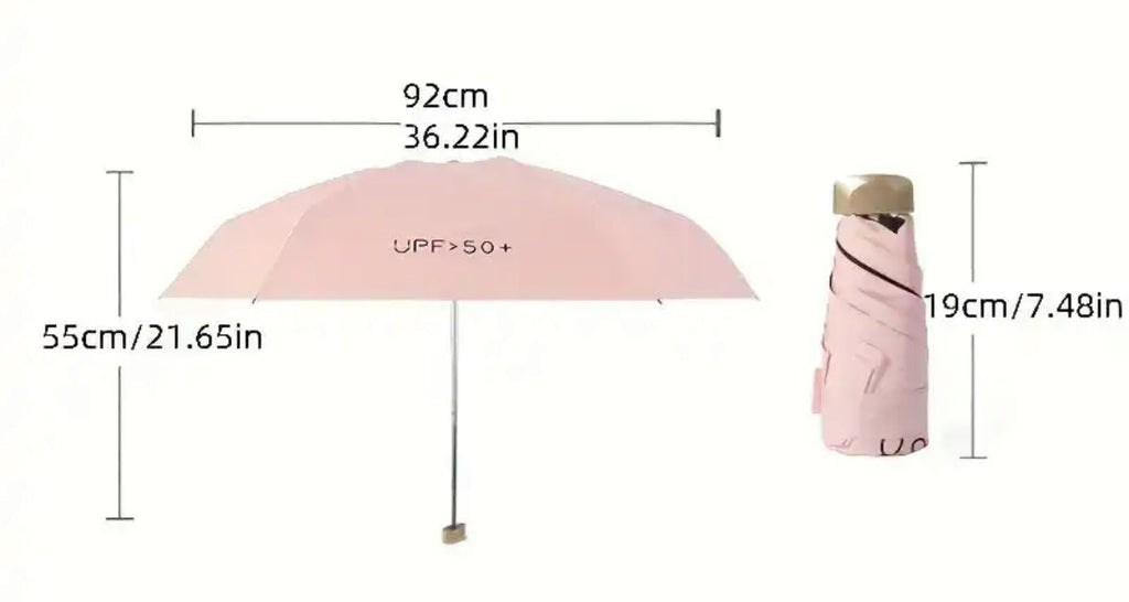 Kompakt fickparaply — UV-skydd mot sol och regn