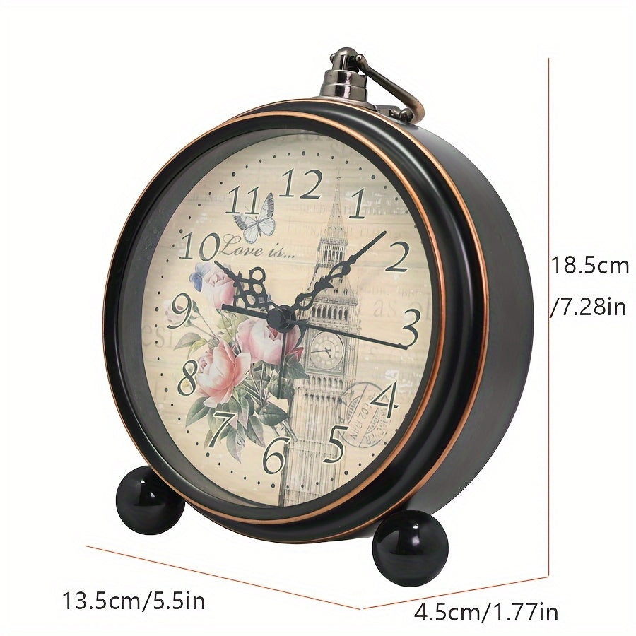European Vintage Metal Bedside Alarm Clock Silent Analog Large Display - Euroselle