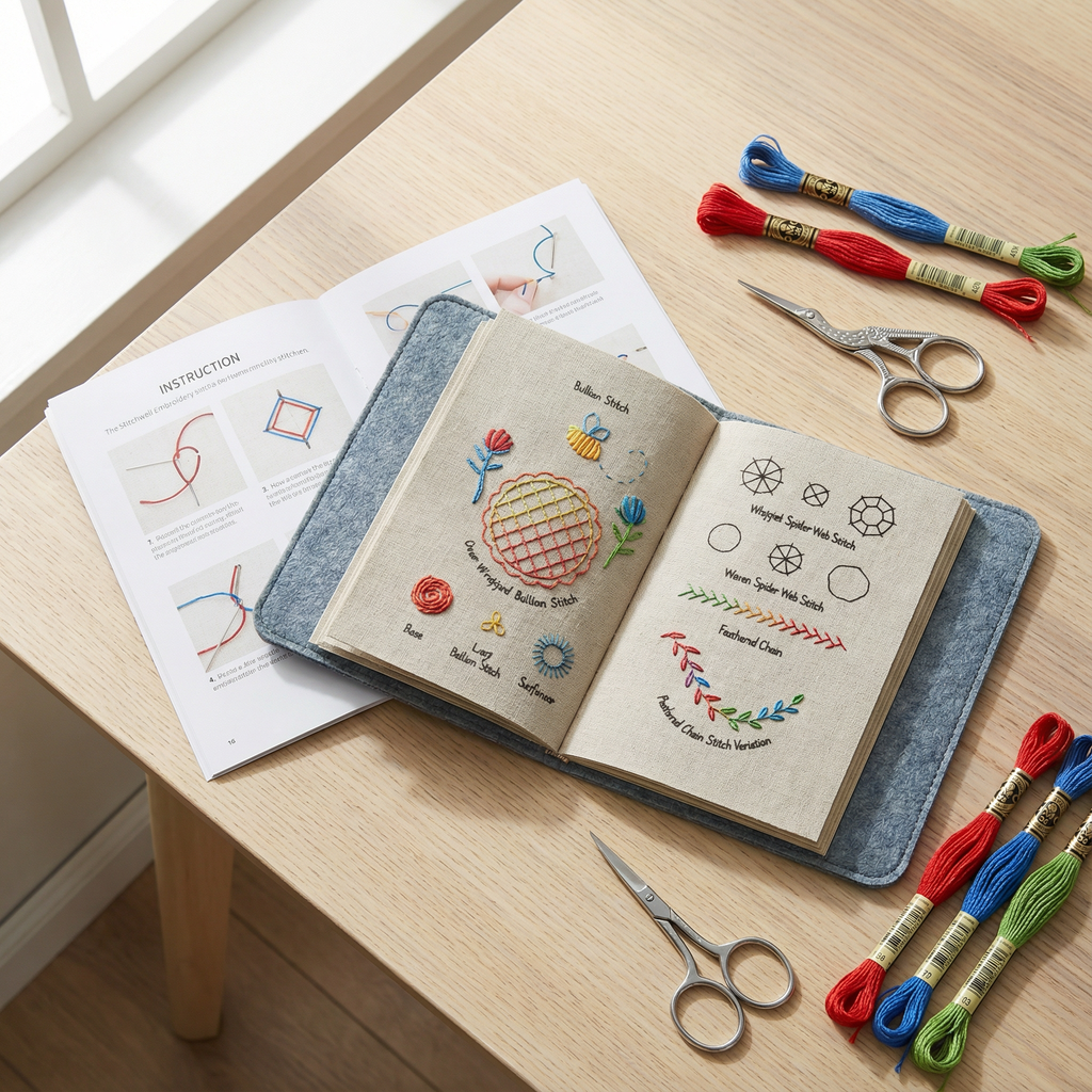 Set de broderie — pagini detașabile din in, 106 tehnici, set de 86 de piese
