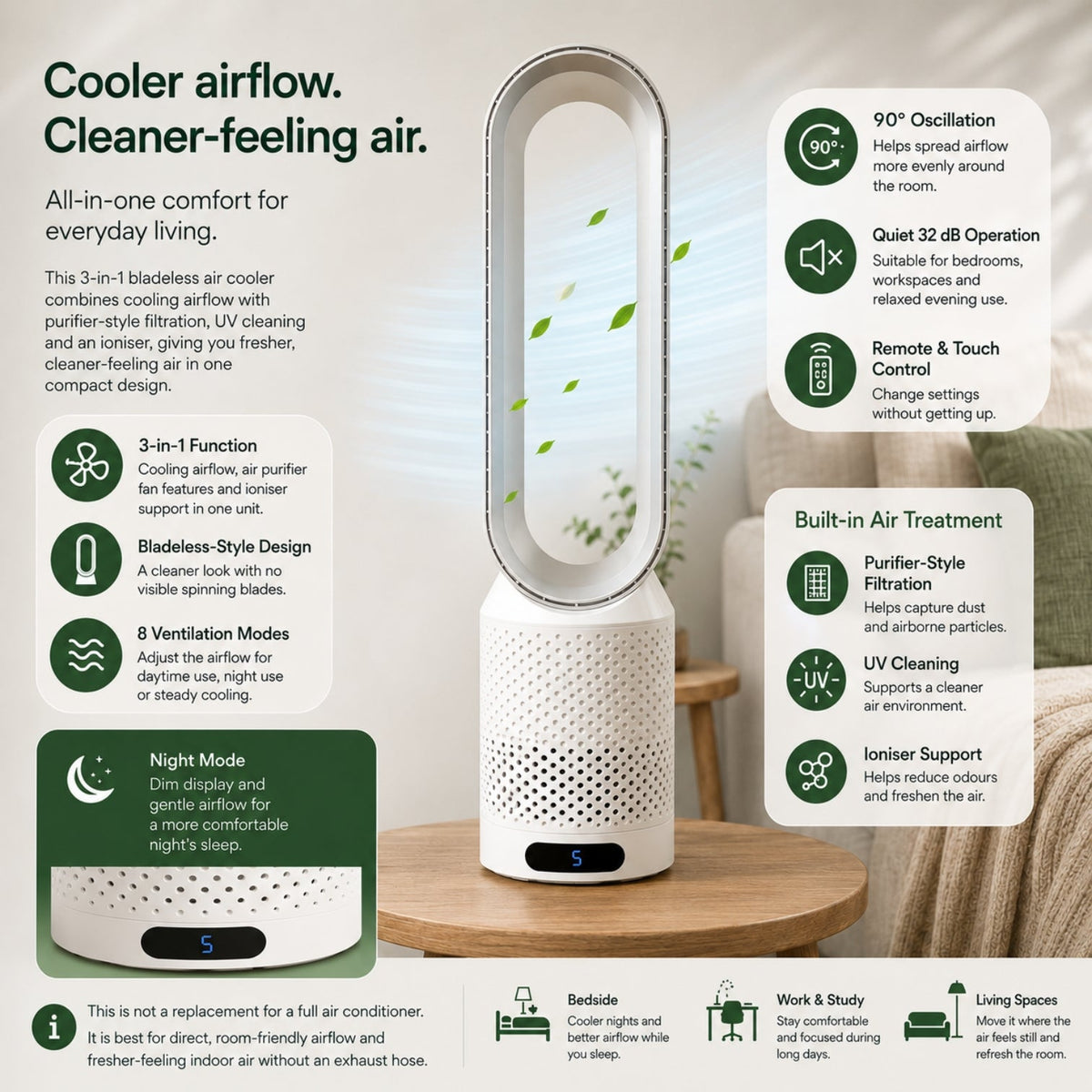 Enfriador de aire y purificador UV tres en uno — diseño compacto