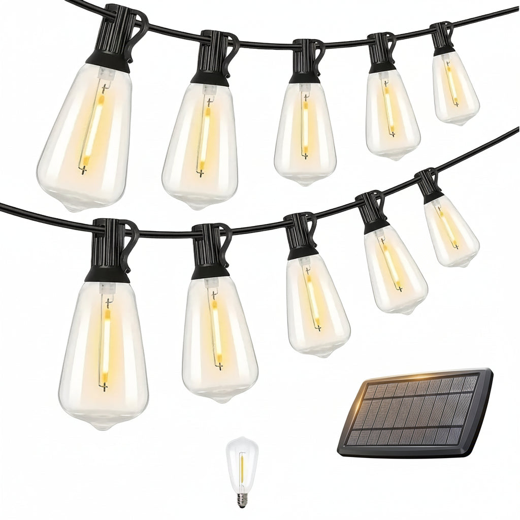100FT Solar String Lights Outdoor Commercial Grade LED with Dimmable Yellow ST38 Bulbs - Euroselle