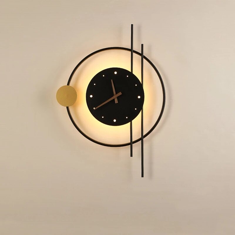 Rund klocka i metall, 22.4-Inch, batteridriven, med LED-belysning, guld/svart