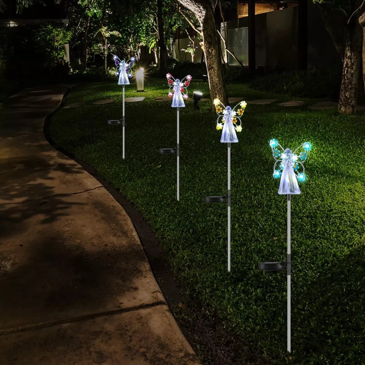 AuroraGlow solcelledrevet LED-engel for hagen — lades i dagslys, aktiveres automatisk i skumringen