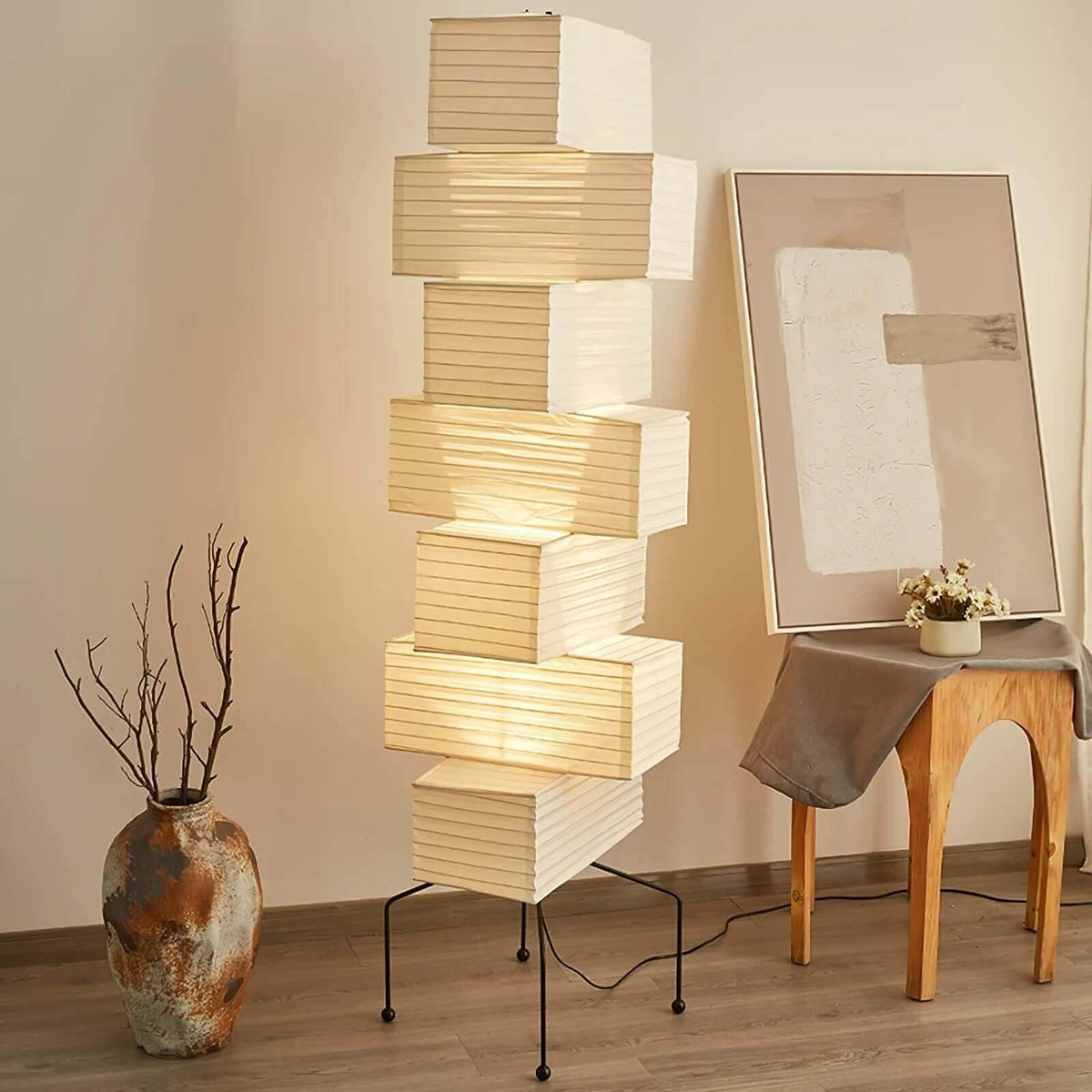 71 in Natural Bamboo Floor Lamp, 19 in Paper Shade, Diffused Light