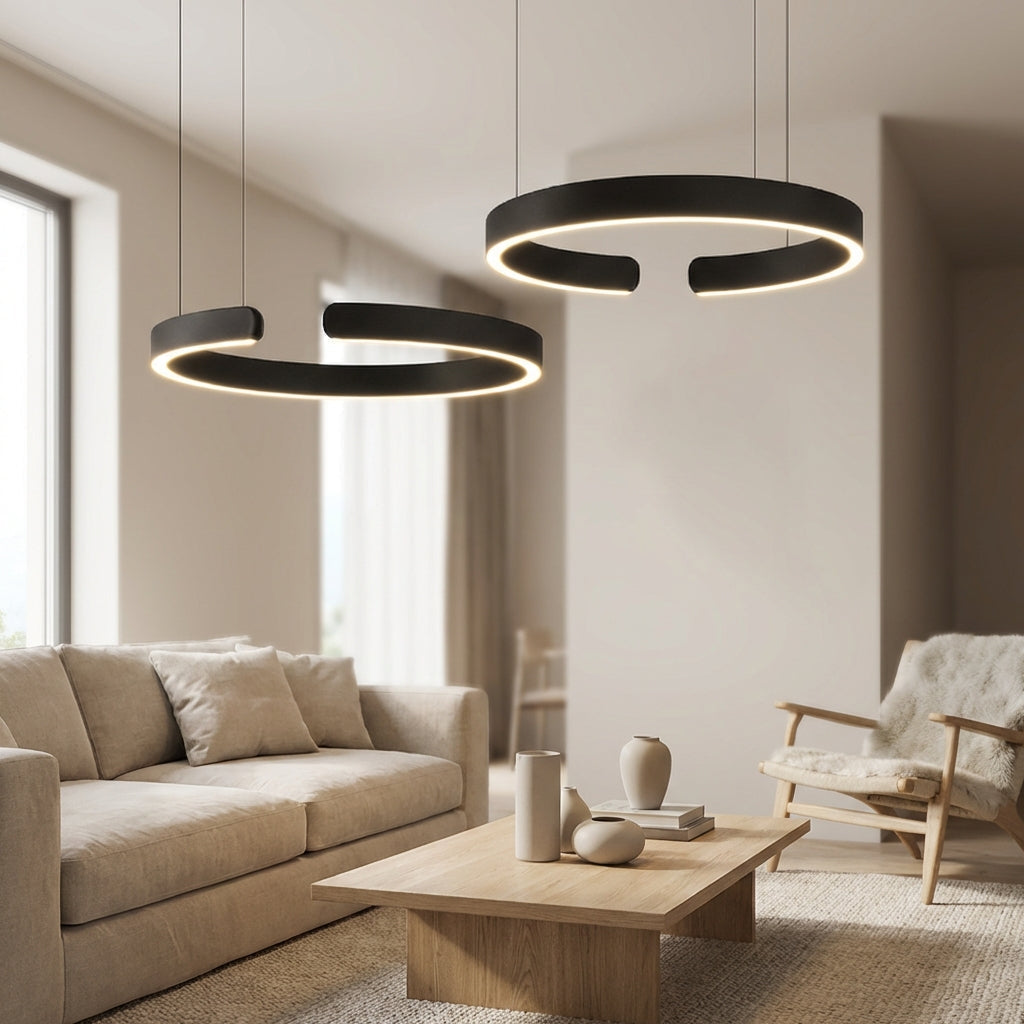 Lámpara colgante de aro LumaNova — Diseño geométrico moderno, iluminación uniforme hacia abajo