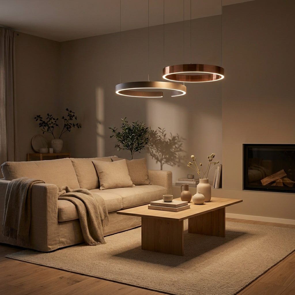 Lámpara colgante de aro LumaNova — Diseño geométrico moderno, iluminación uniforme hacia abajo