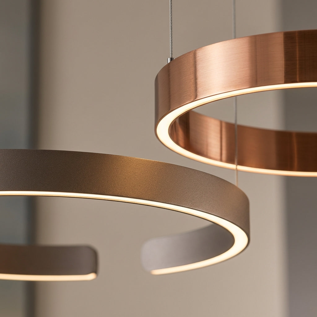 Lámpara colgante de aro LumaNova — Diseño geométrico moderno, iluminación uniforme hacia abajo