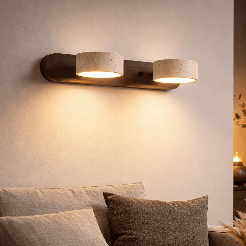 Indoor LED wall light designed with natural travertine and wood for warm architectural illumination - Euroselle