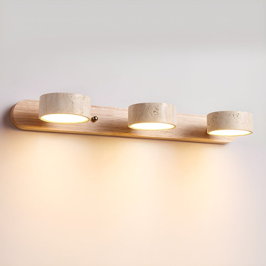 Indoor LED wall light designed with natural travertine and wood for warm architectural illumination - Euroselle