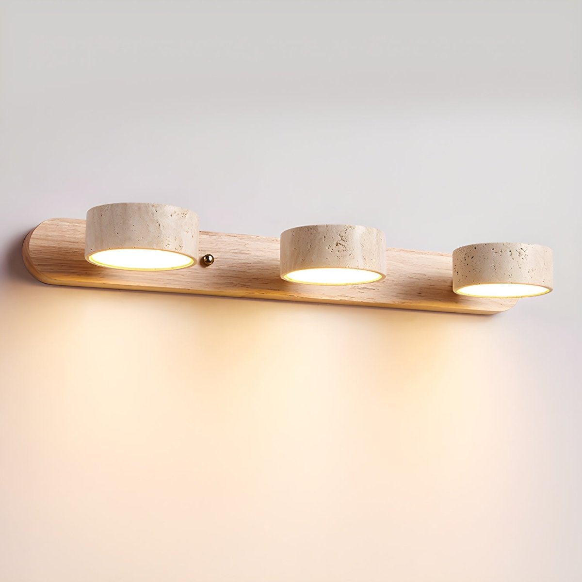 Indoor LED wall light designed with natural travertine and wood for warm architectural illumination - Euroselle