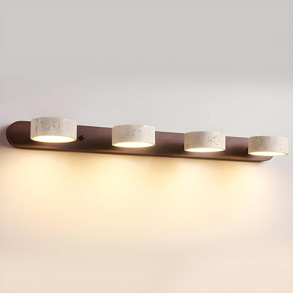 Indoor LED wall light designed with natural travertine and wood for warm architectural illumination - Euroselle