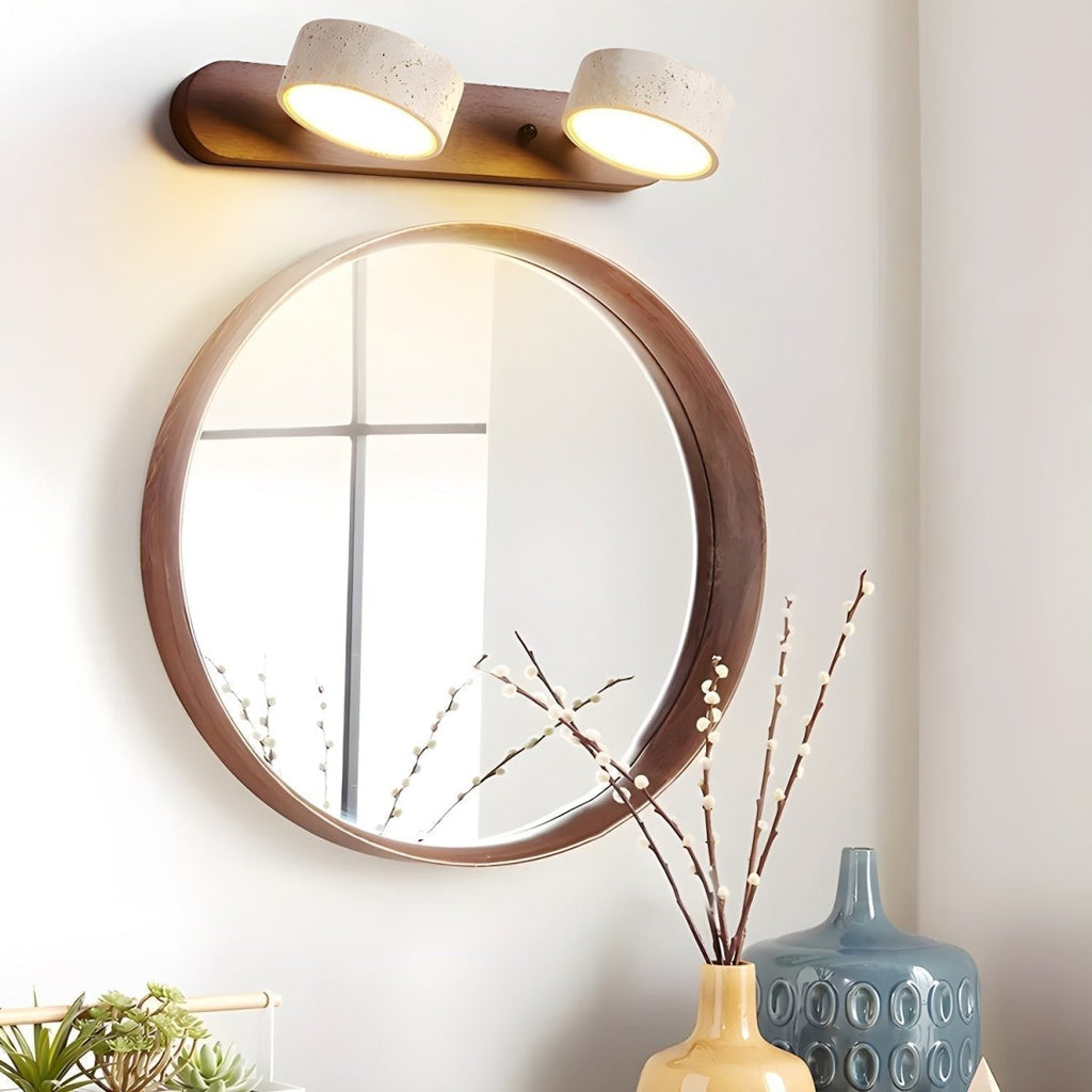 Indoor LED wall light designed with natural travertine and wood for warm architectural illumination - Euroselle