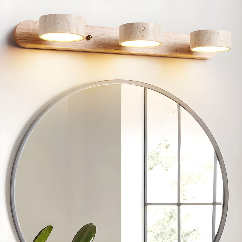 Indoor LED wall light designed with natural travertine and wood for warm architectural illumination - Euroselle